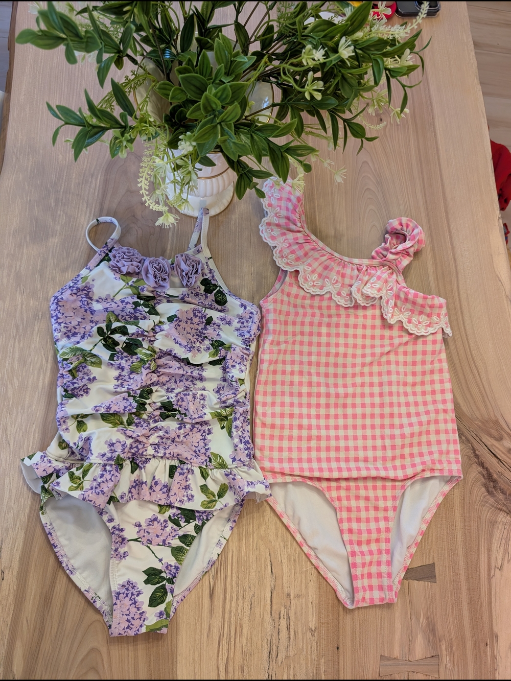 Gymboree Girls Floral & Pink Gingham One-Piece Swimsuits (2)